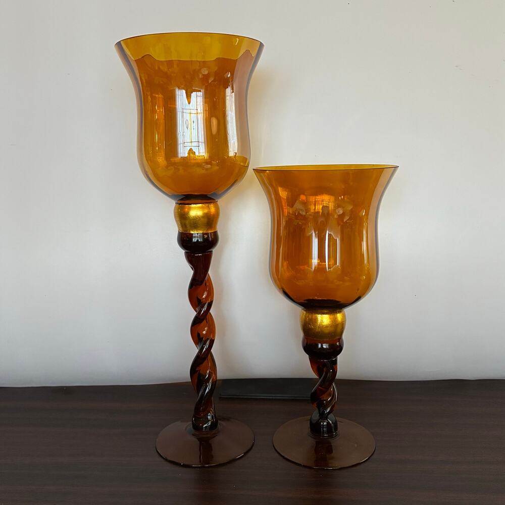 Amber Glass Hurricane Candle Holders Pair Twisted Stem Gold Accent Goblet Vases